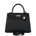 Hermes Kelly Sellier 25 Black Epsom Palladium Hardware - Exclusu