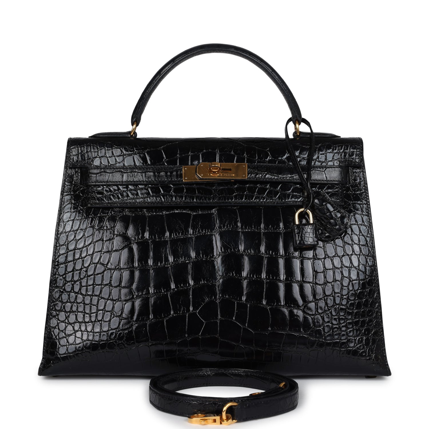 Hermes Kelly Sellier 32 Black Shiny Alligator Gold Hardware - Exclusu