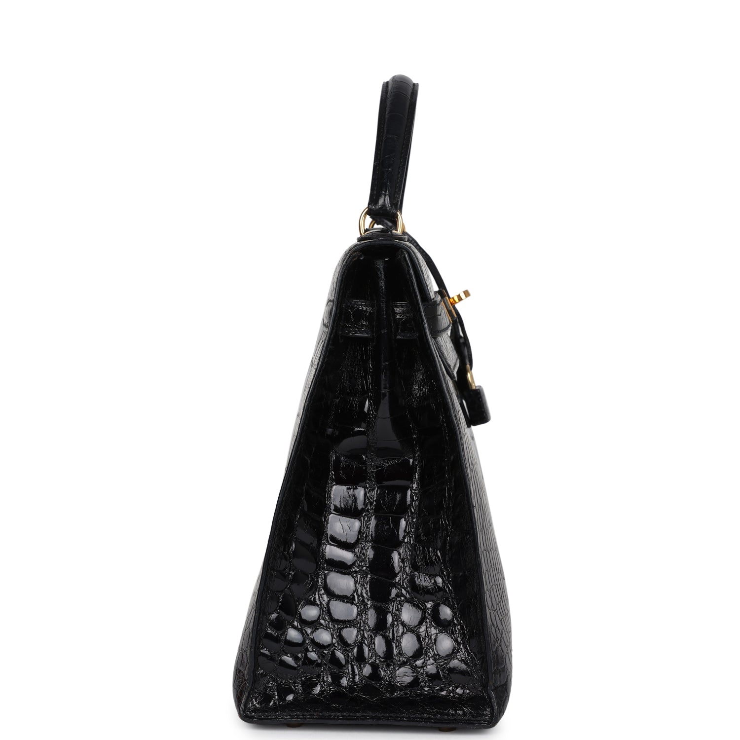 Hermes Kelly Sellier 32 Black Shiny Alligator Gold Hardware - Exclusu