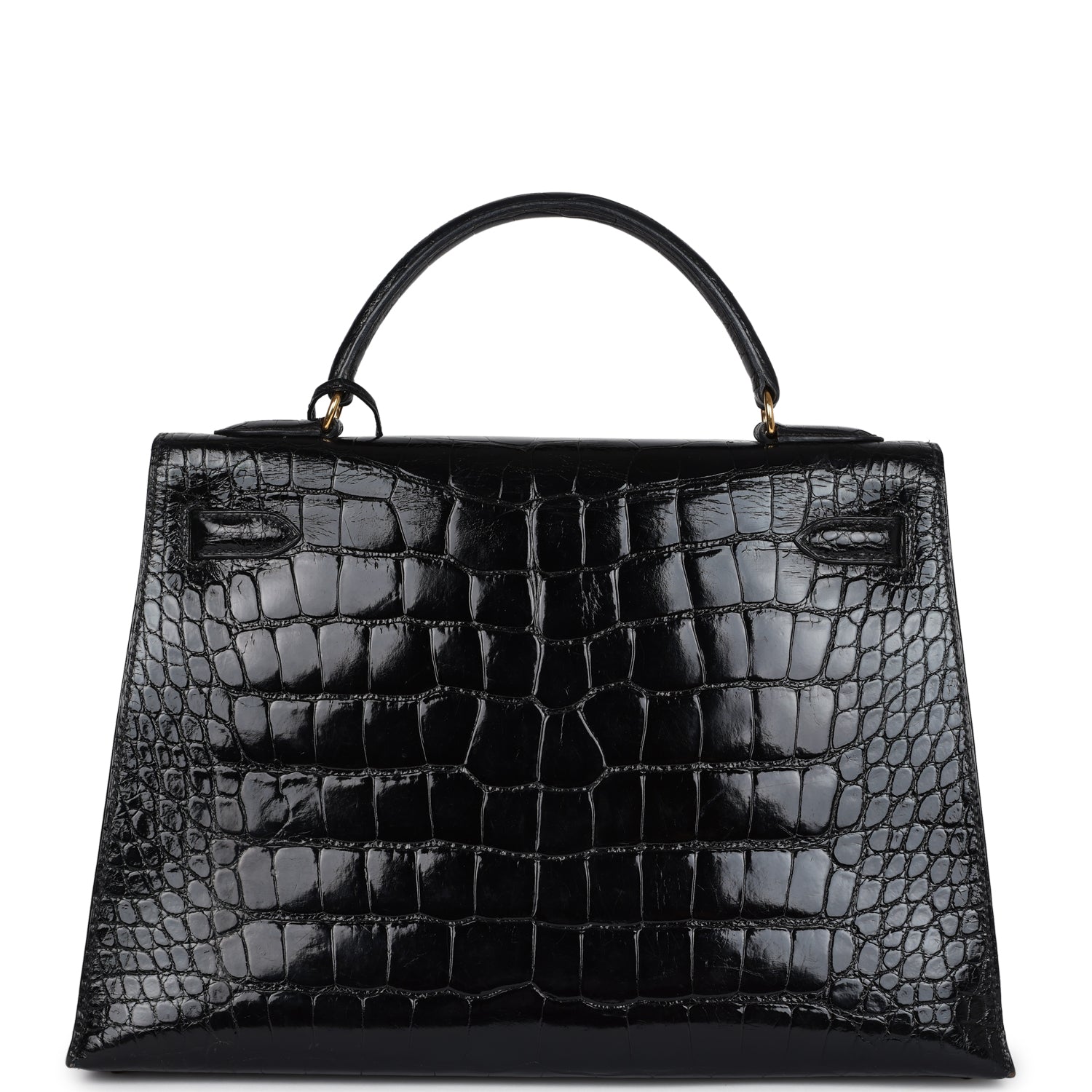 Hermes Kelly Sellier 32 Black Shiny Alligator Gold Hardware - Exclusu
