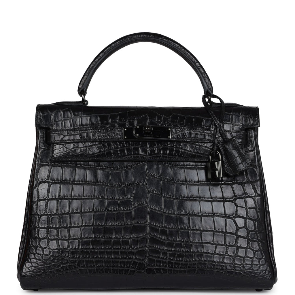Hermes Kelly Retourne 32 SO Black Matte Niloticus Crocodile Black Hardware - Exclusu