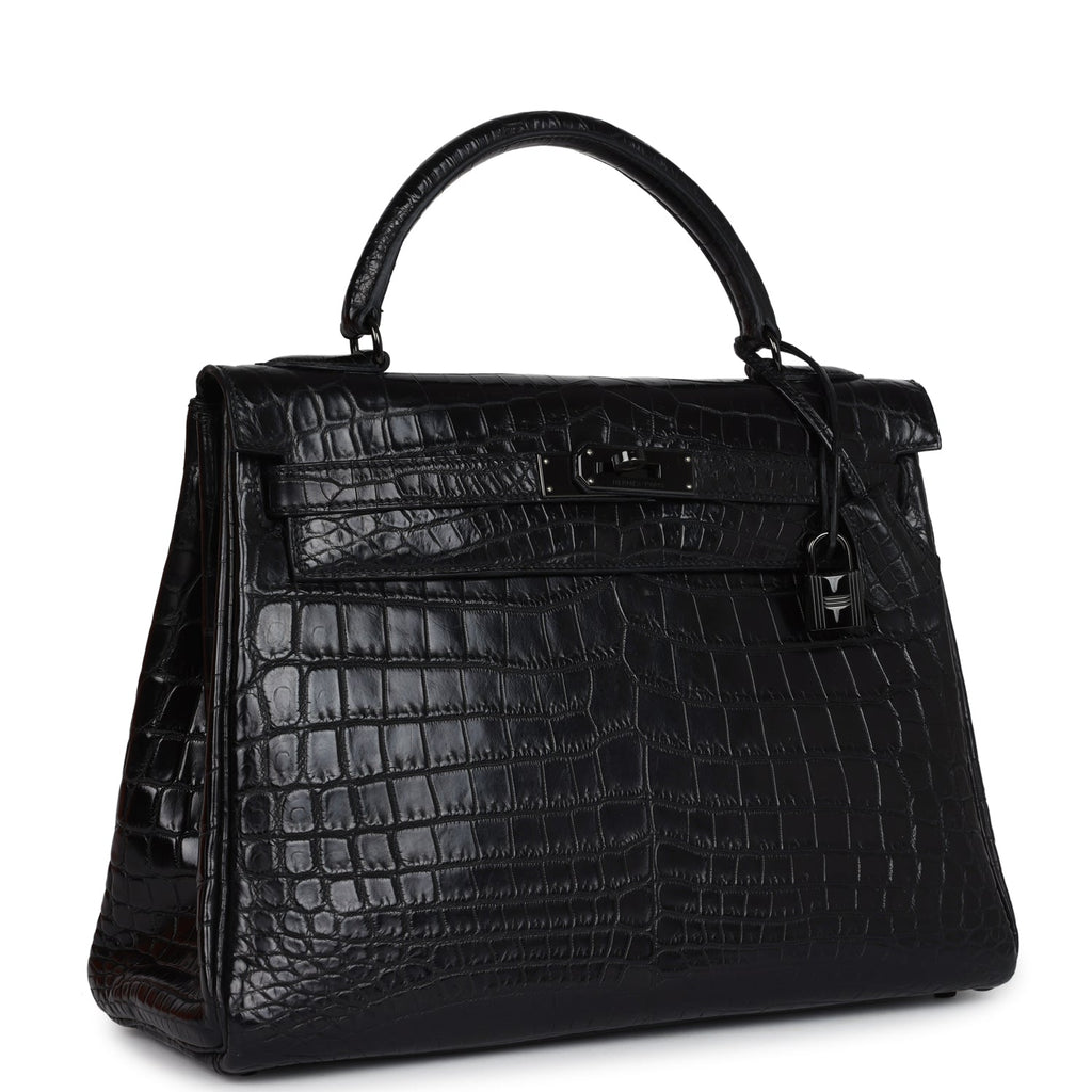 Hermes Kelly Retourne 32 SO Black Matte Niloticus Crocodile Black Hardware - Exclusu