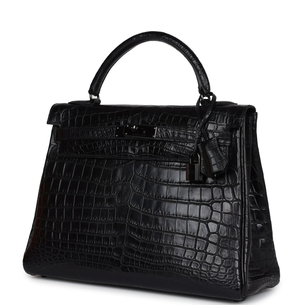 Hermes Kelly Retourne 32 SO Black Matte Niloticus Crocodile Black Hardware - Exclusu