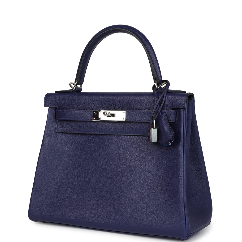 Hermes Kelly Retourne 28 Bleu Encre Verso Evercolor Palladium Hardware - Exclusu