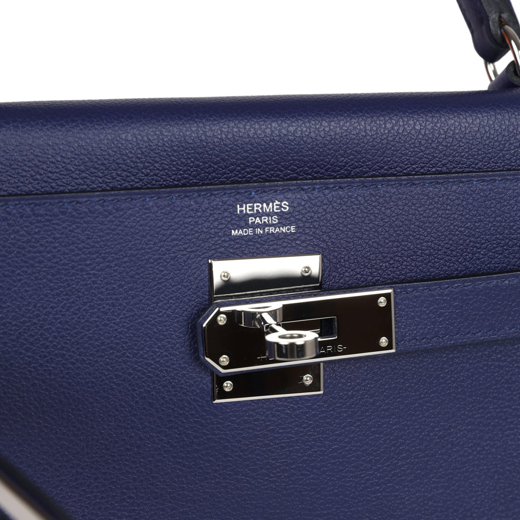 Hermes Kelly Retourne 28 Bleu Encre Verso Evercolor Palladium Hardware - Exclusu