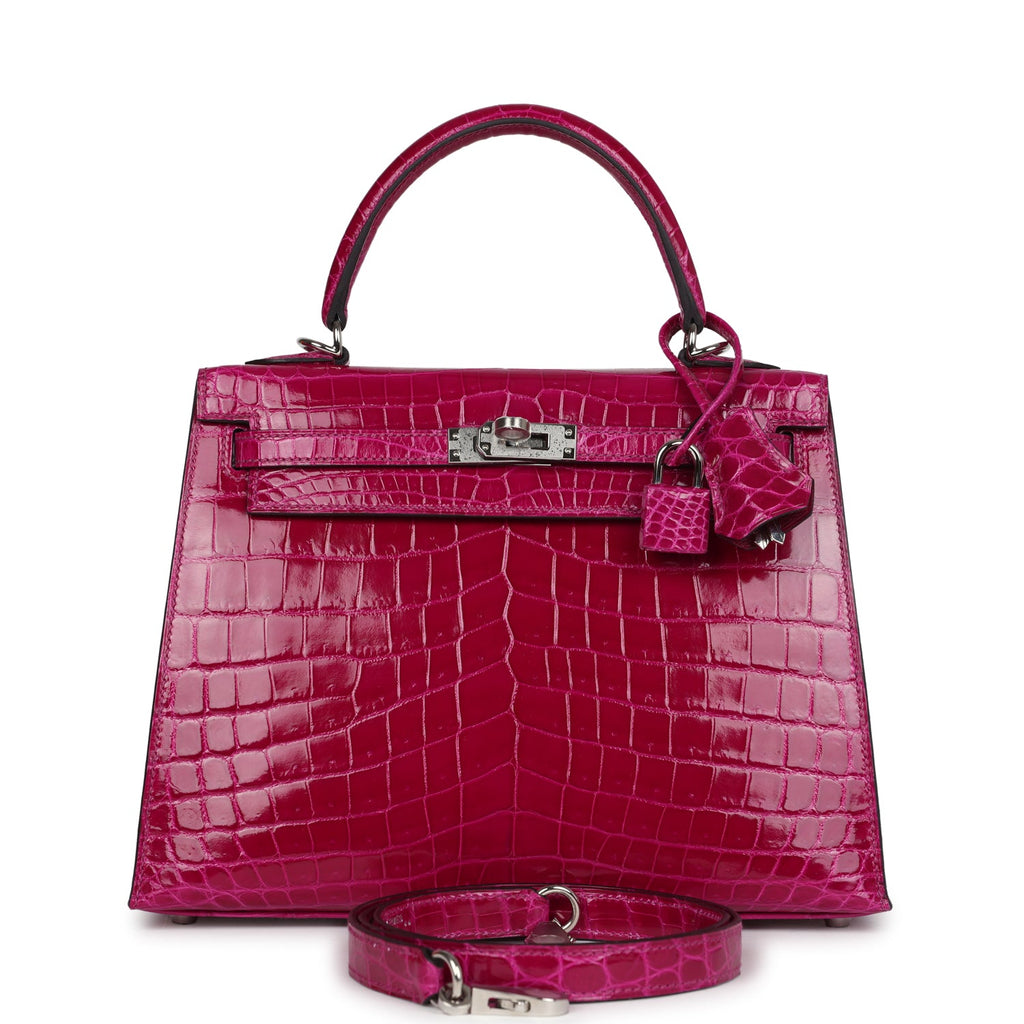 Hermes Kelly Sellier 25 Rose Pourpre Shiny Niloticus Crocodile Palladium Hardware - Exclusu