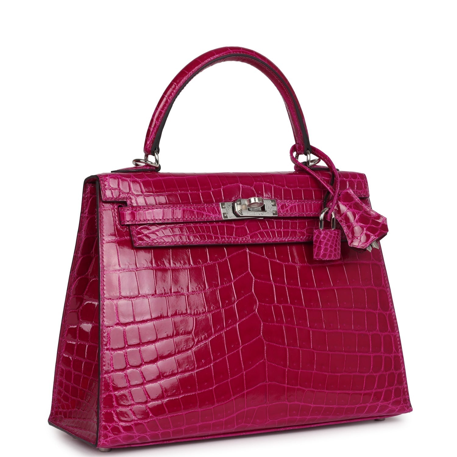 Hermes Kelly Sellier 25 Rose Pourpre Shiny Niloticus Crocodile Palladium Hardware - Exclusu