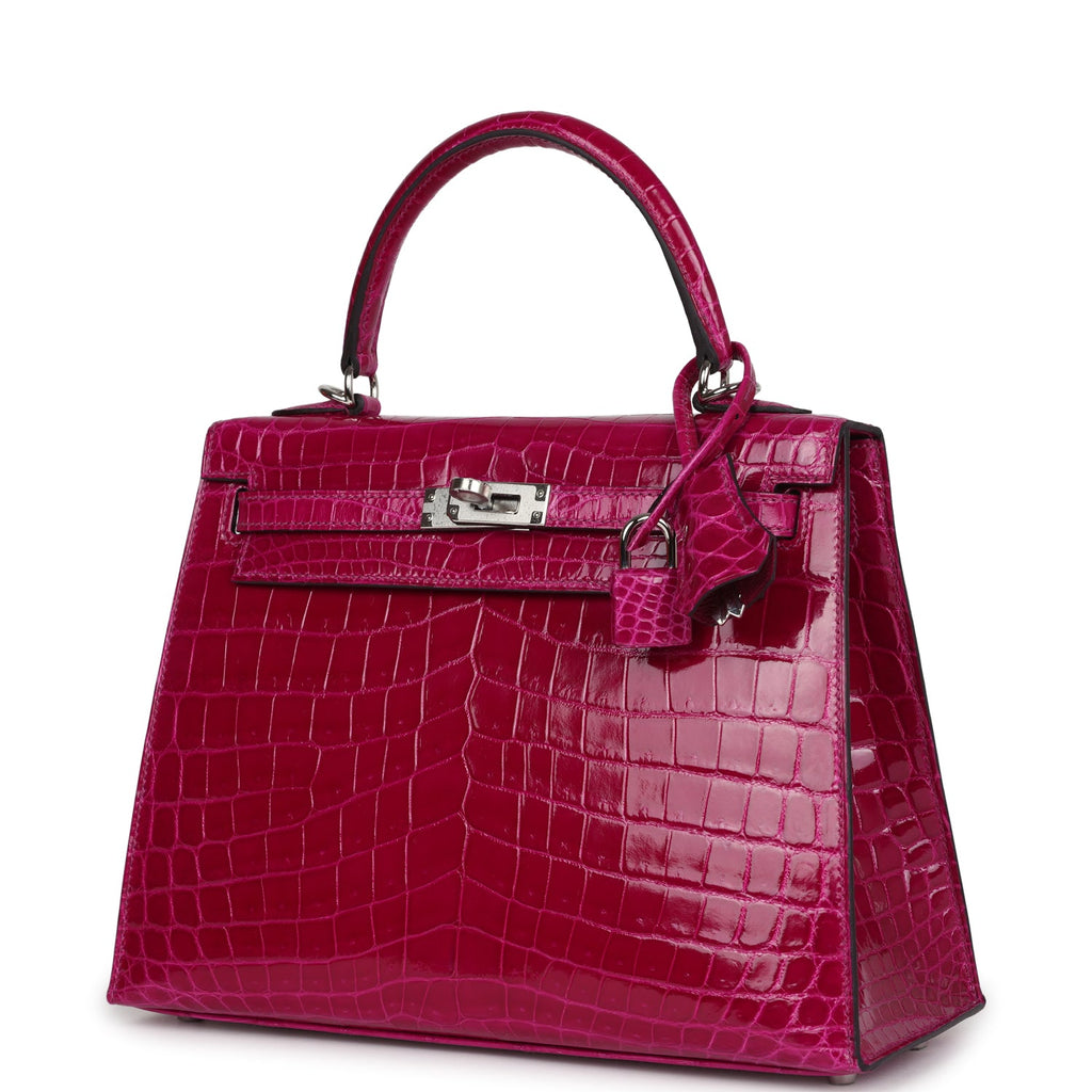 Hermes Kelly Sellier 25 Rose Pourpre Shiny Niloticus Crocodile Palladium Hardware - Exclusu