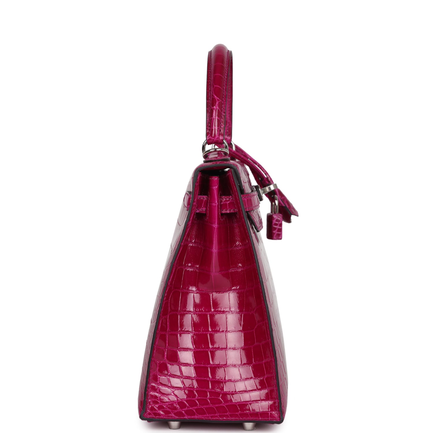Hermes Kelly Sellier 25 Rose Pourpre Shiny Niloticus Crocodile Palladium Hardware - Exclusu