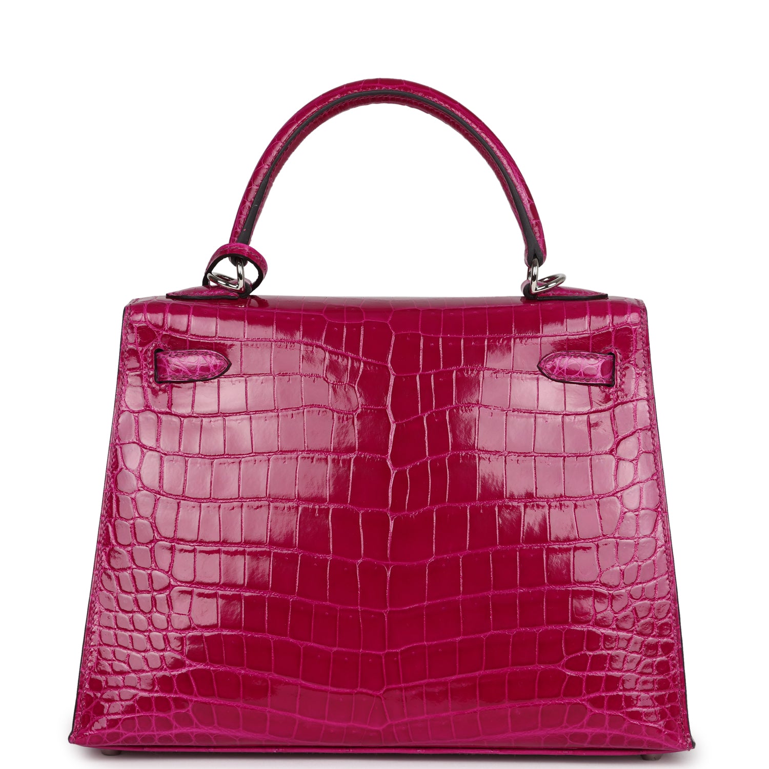 Hermes Kelly Sellier 25 Rose Pourpre Shiny Niloticus Crocodile Palladium Hardware - Exclusu