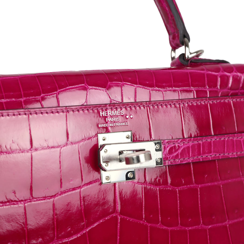 Hermes Kelly Sellier 25 Rose Pourpre Shiny Niloticus Crocodile Palladium Hardware - Exclusu