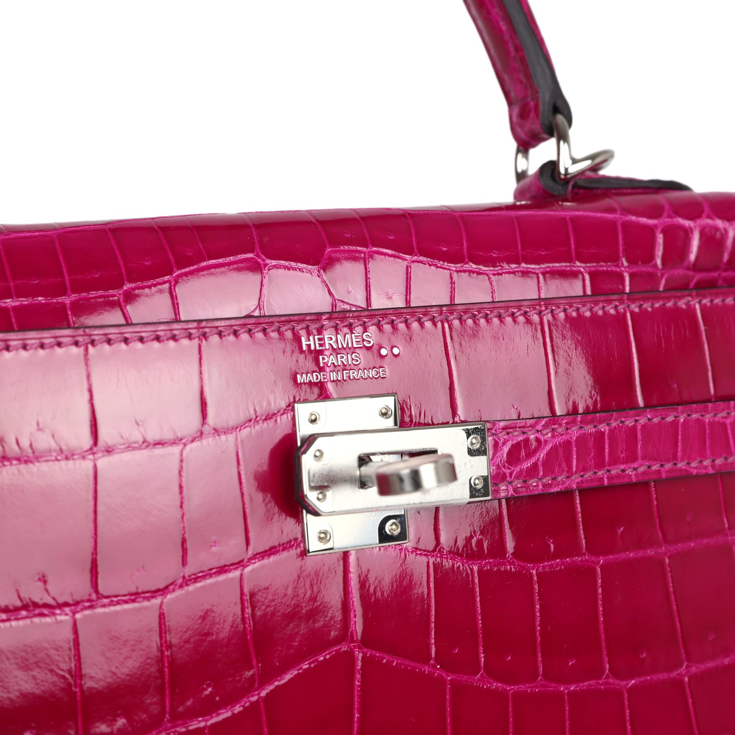 Hermes Kelly Sellier 25 Rose Pourpre Shiny Niloticus Crocodile Palladium Hardware - Exclusu