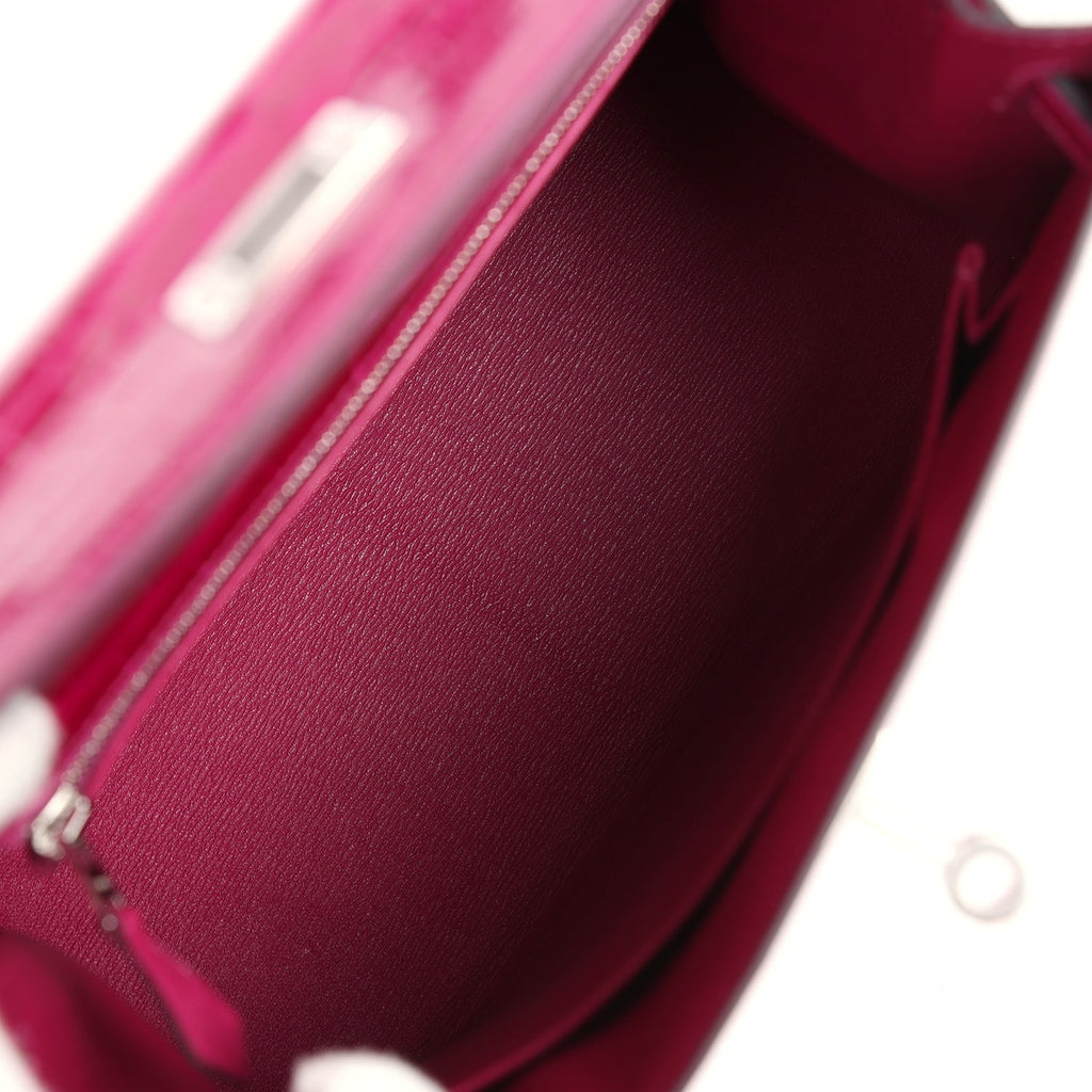 Hermes Kelly Sellier 25 Rose Pourpre Shiny Niloticus Crocodile Palladium Hardware - Exclusu