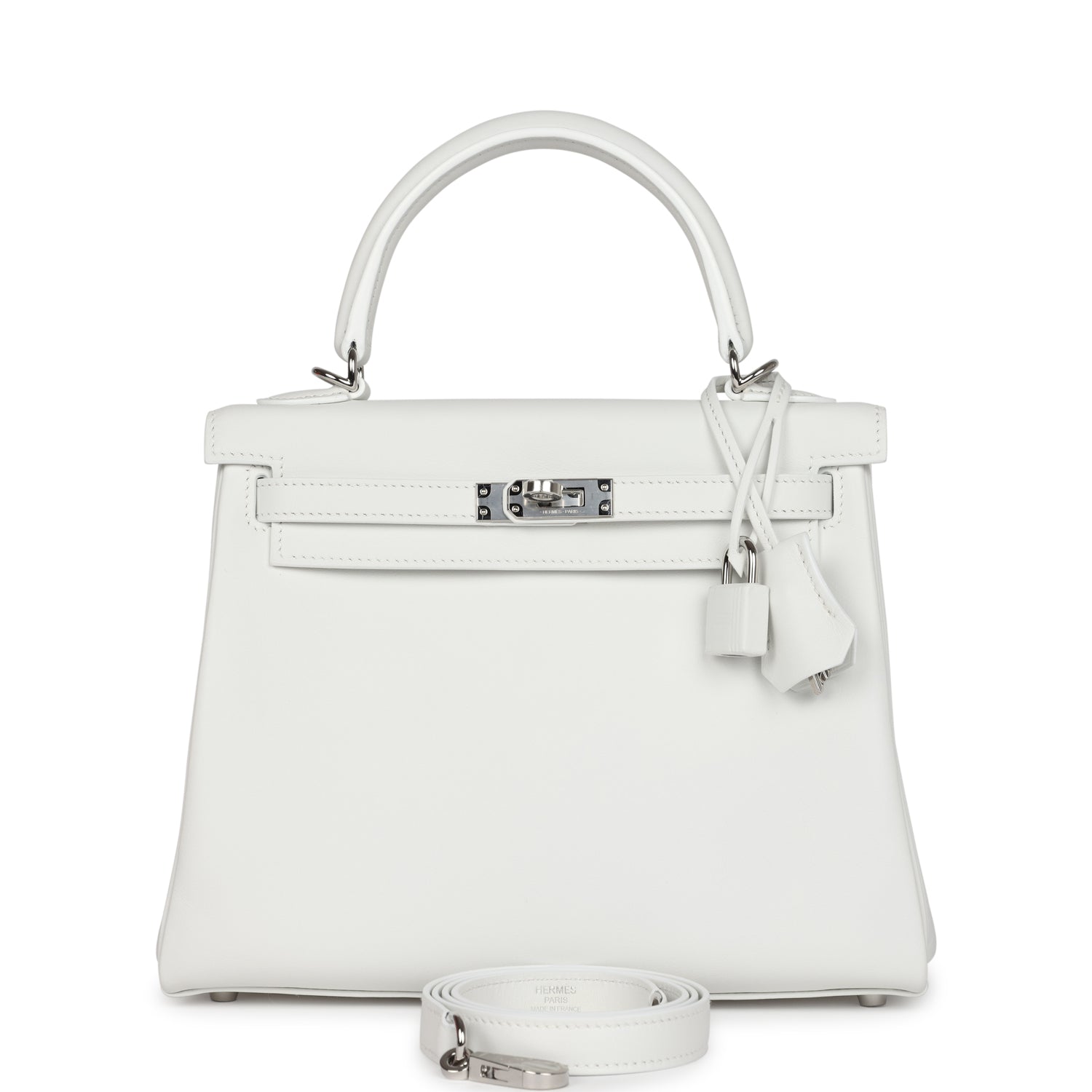 Hermes Kelly Retourne 25 New White Swift Palladium Hardware - Exclusu