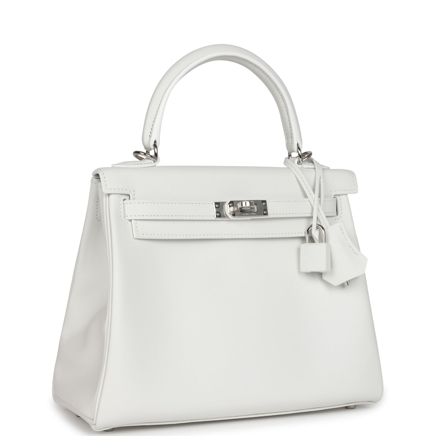 Hermes Kelly Retourne 25 New White Swift Palladium Hardware - Exclusu