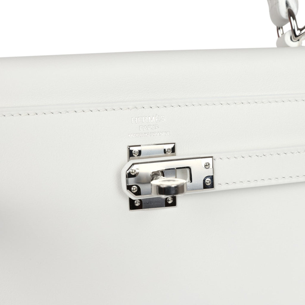 Hermes Kelly Retourne 25 New White Swift Palladium Hardware - Exclusu