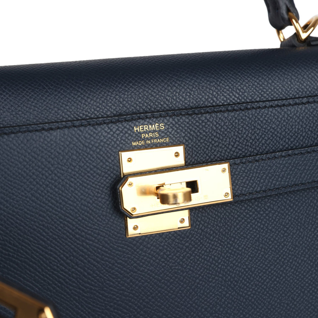 Hermes Kelly Sellier 28 Bleu Indigo Epsom Gold Hardware - Exclusu