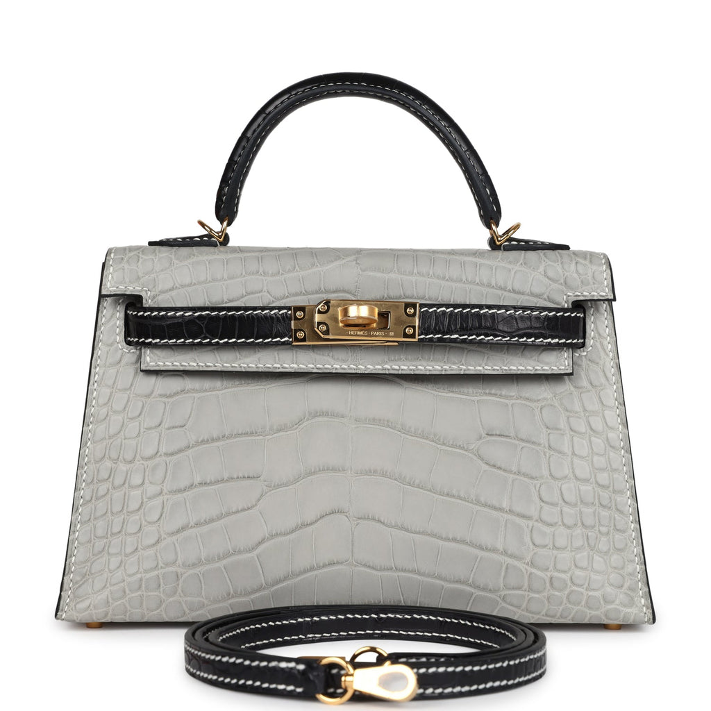 Hermes Special Order (HSS) Kelly Sellier 20 Gris Perle and Black Matte Alligator Gold Hardware - Exclusu