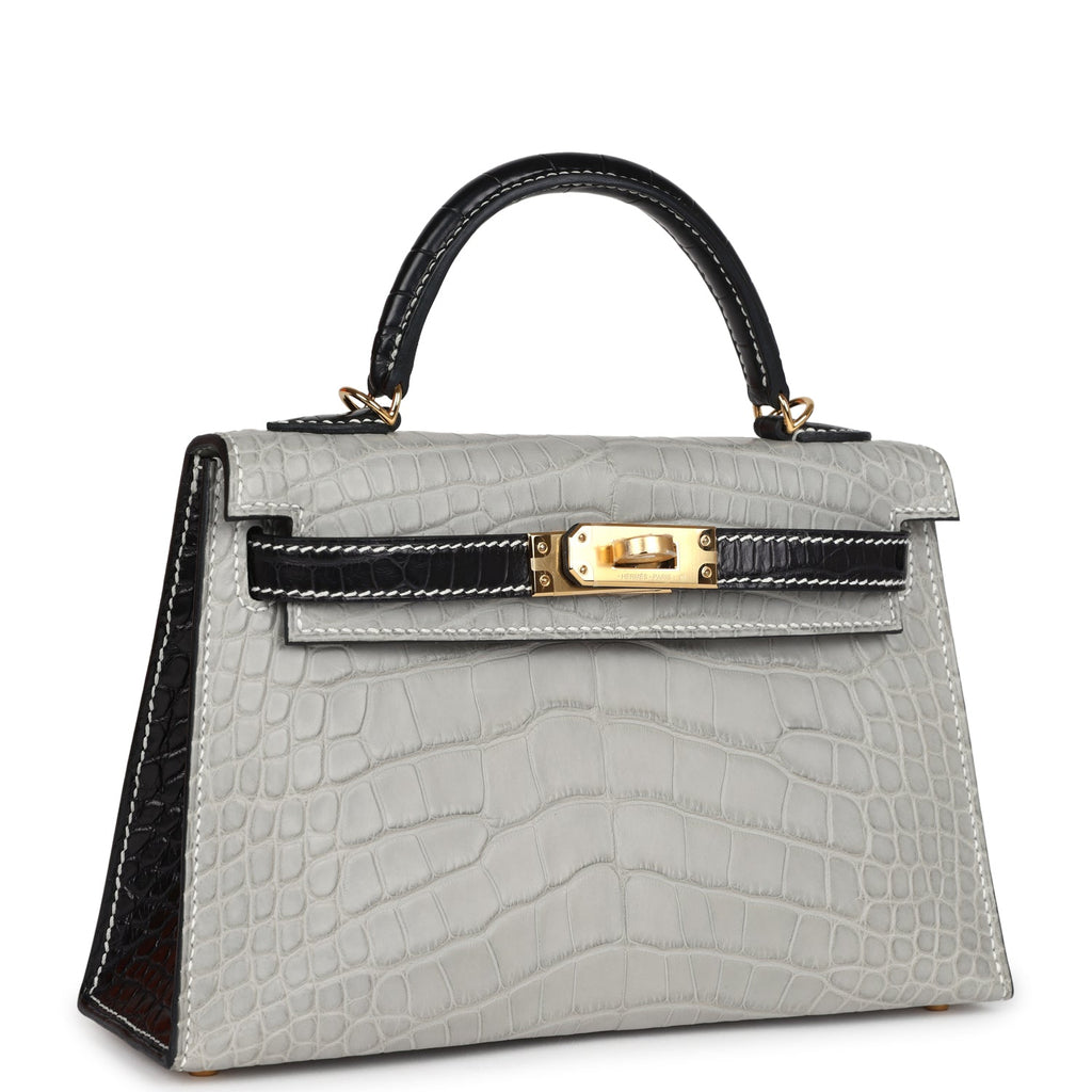 Hermes Special Order (HSS) Kelly Sellier 20 Gris Perle and Black Matte Alligator Gold Hardware - Exclusu