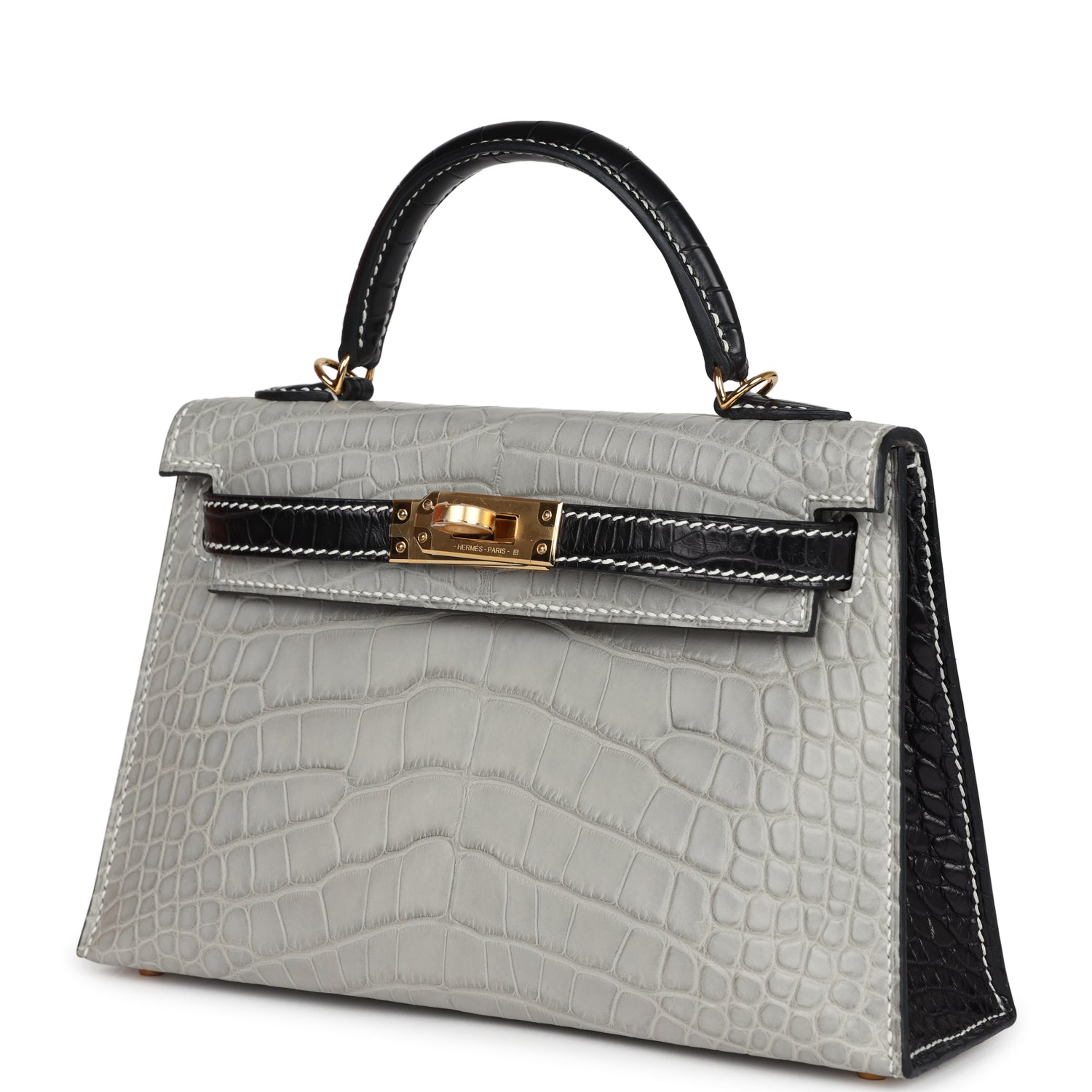 Hermes Special Order (HSS) Kelly Sellier 20 Gris Perle and Black Matte Alligator Gold Hardware - Exclusu