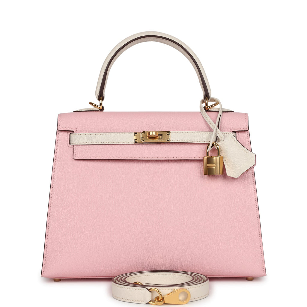 Hermes Kelly Sellier 25 Rose Sakura and Nata Chevre Gold Hardware - Exclusu