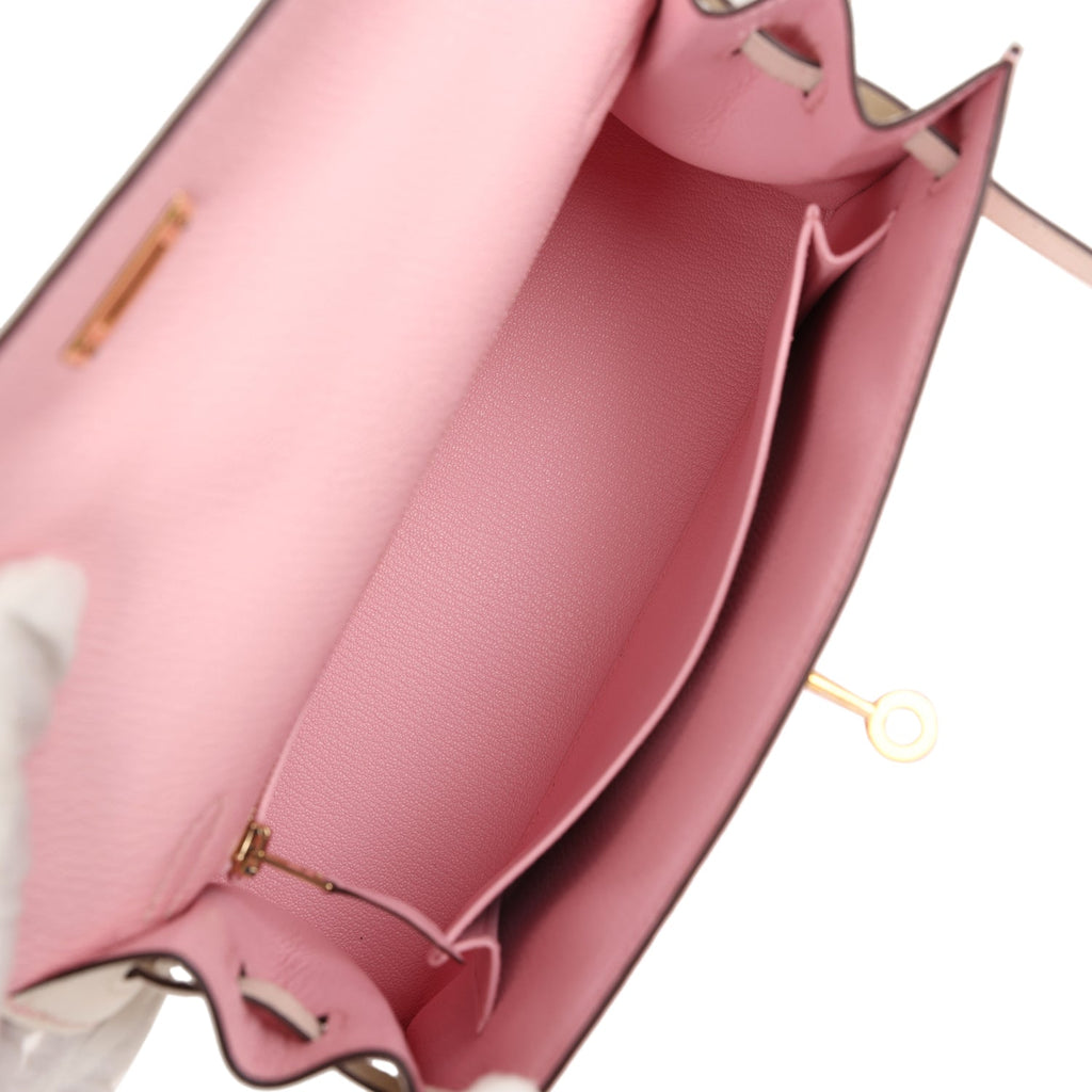 Hermes Kelly Sellier 25 Rose Sakura and Nata Chevre Gold Hardware - Exclusu