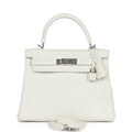 Hermes Kelly Retourne 28 White Clemence Palladium Hardware - Exclusu