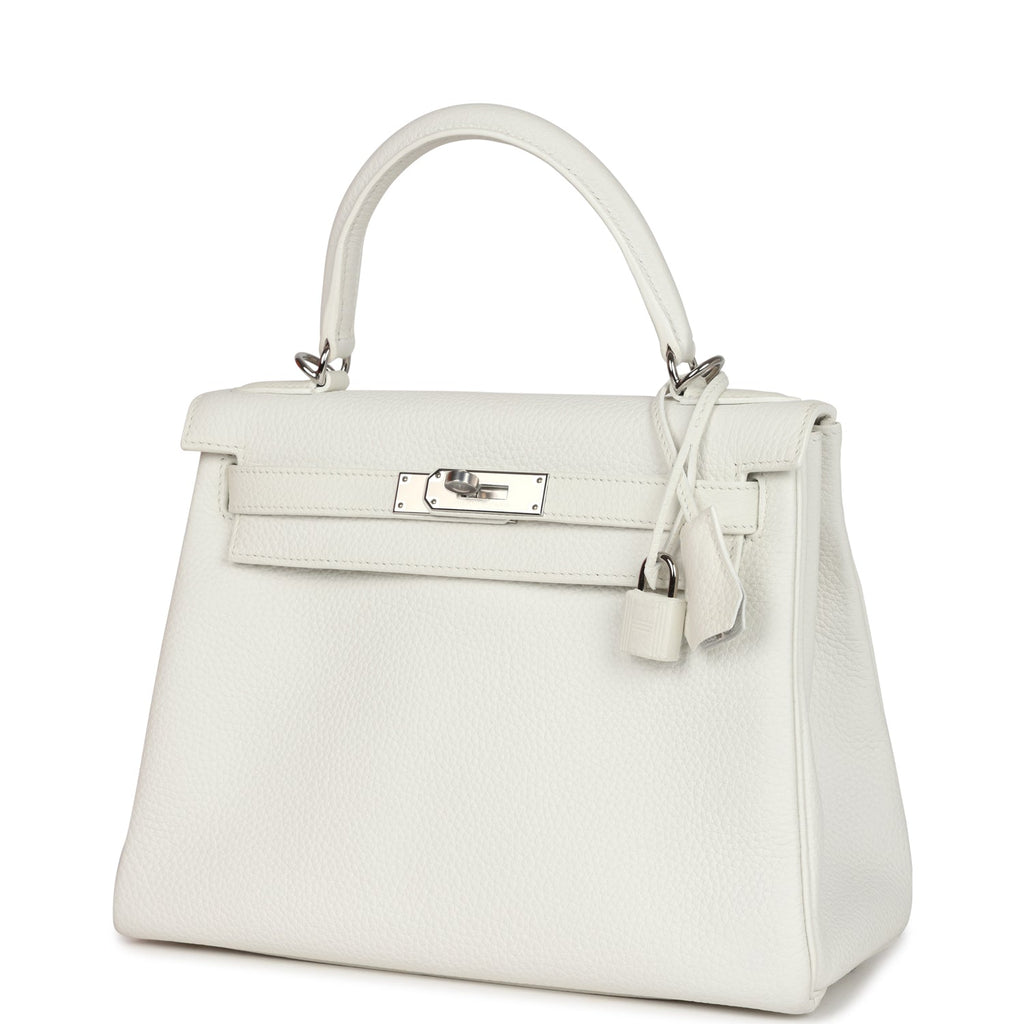 Hermes Kelly Retourne 28 White Clemence Palladium Hardware - Exclusu