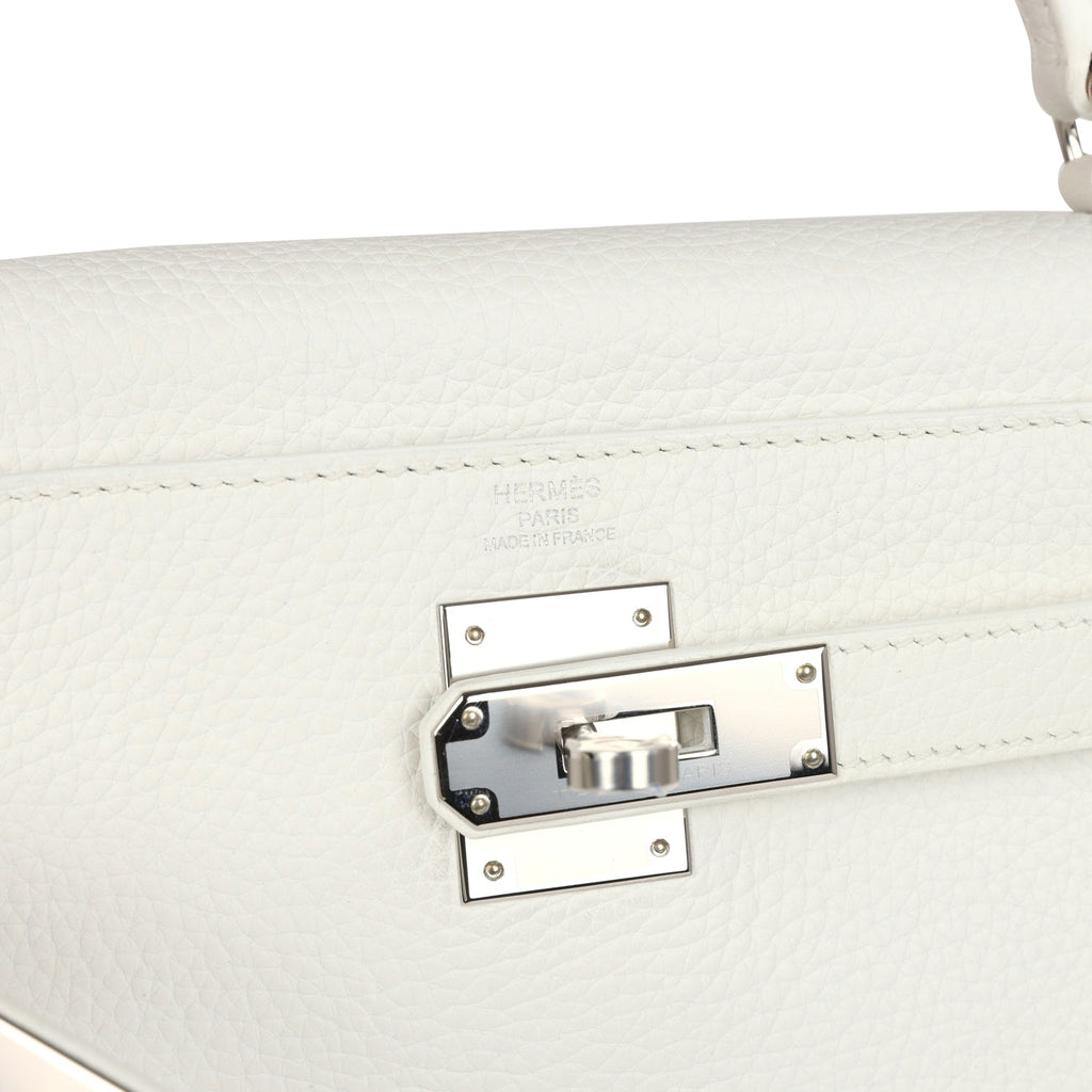 Hermes Kelly Retourne 28 White Clemence Palladium Hardware - Exclusu