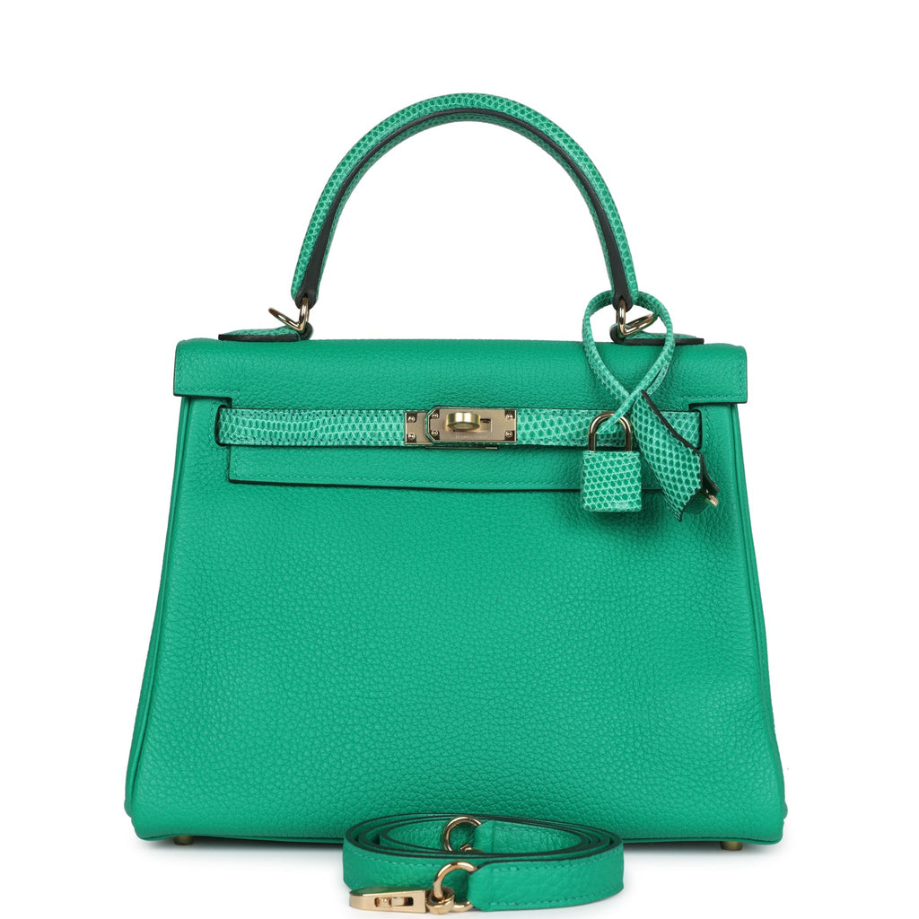 Hermes Kelly Retourne 25 Menthe Togo and Varanus Niloticus Lizard Touch Permabrass Hardware - Exclusu