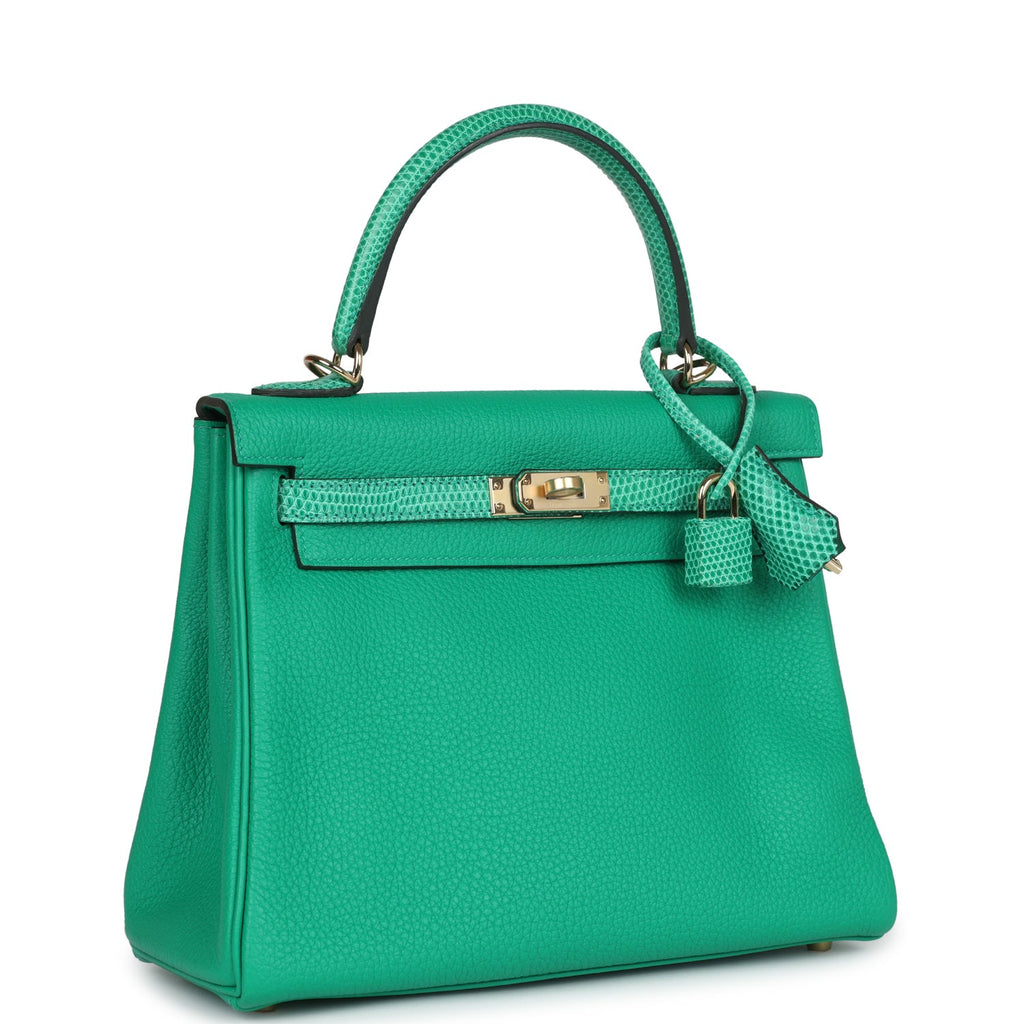 Hermes Kelly Retourne 25 Menthe Togo and Varanus Niloticus Lizard Touch Permabrass Hardware - Exclusu