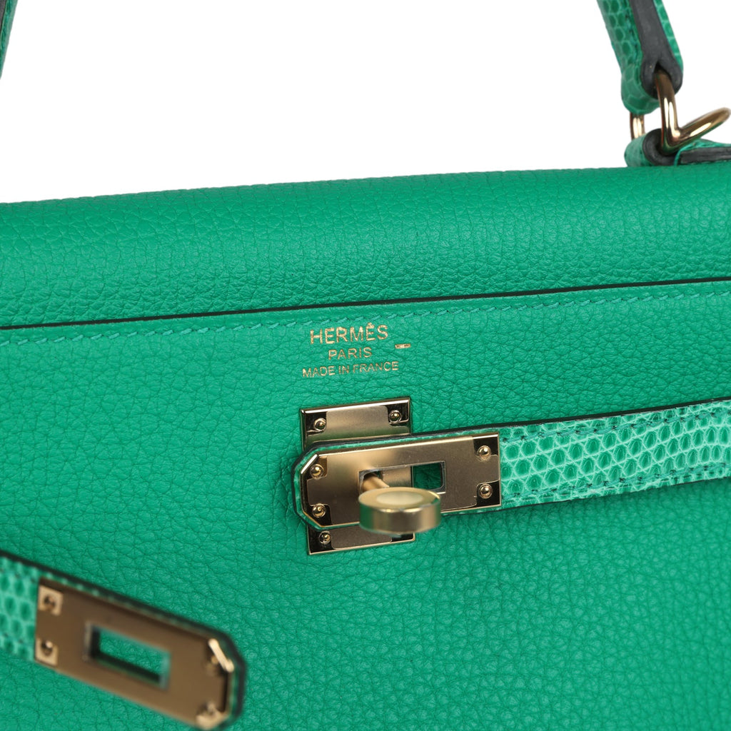 Hermes Kelly Retourne 25 Menthe Togo and Varanus Niloticus Lizard Touch Permabrass Hardware - Exclusu