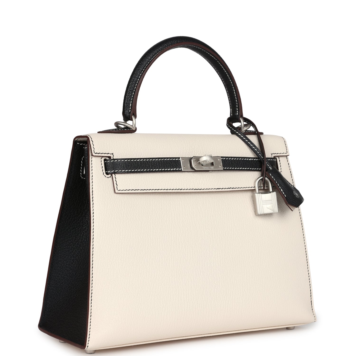 Hermes Special Order (HSS) Kelly Sellier 25 Nata and Black Chevre Mysore Brushed Palladium Hardware - Exclusu