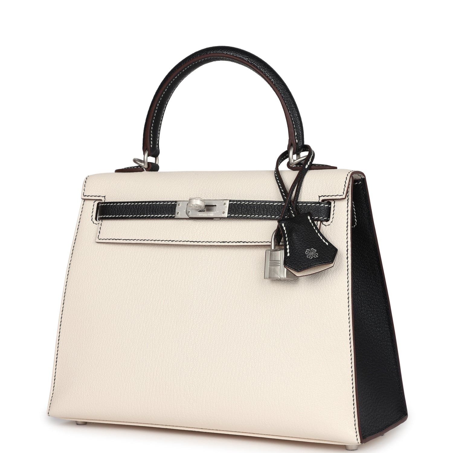 Hermes Special Order (HSS) Kelly Sellier 25 Nata and Black Chevre Mysore Brushed Palladium Hardware - Exclusu