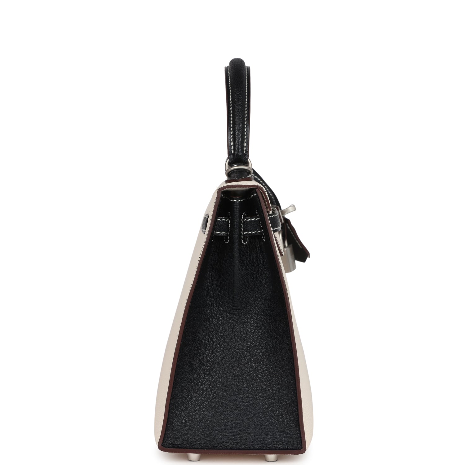 Hermes Special Order (HSS) Kelly Sellier 25 Nata and Black Chevre Mysore Brushed Palladium Hardware - Exclusu