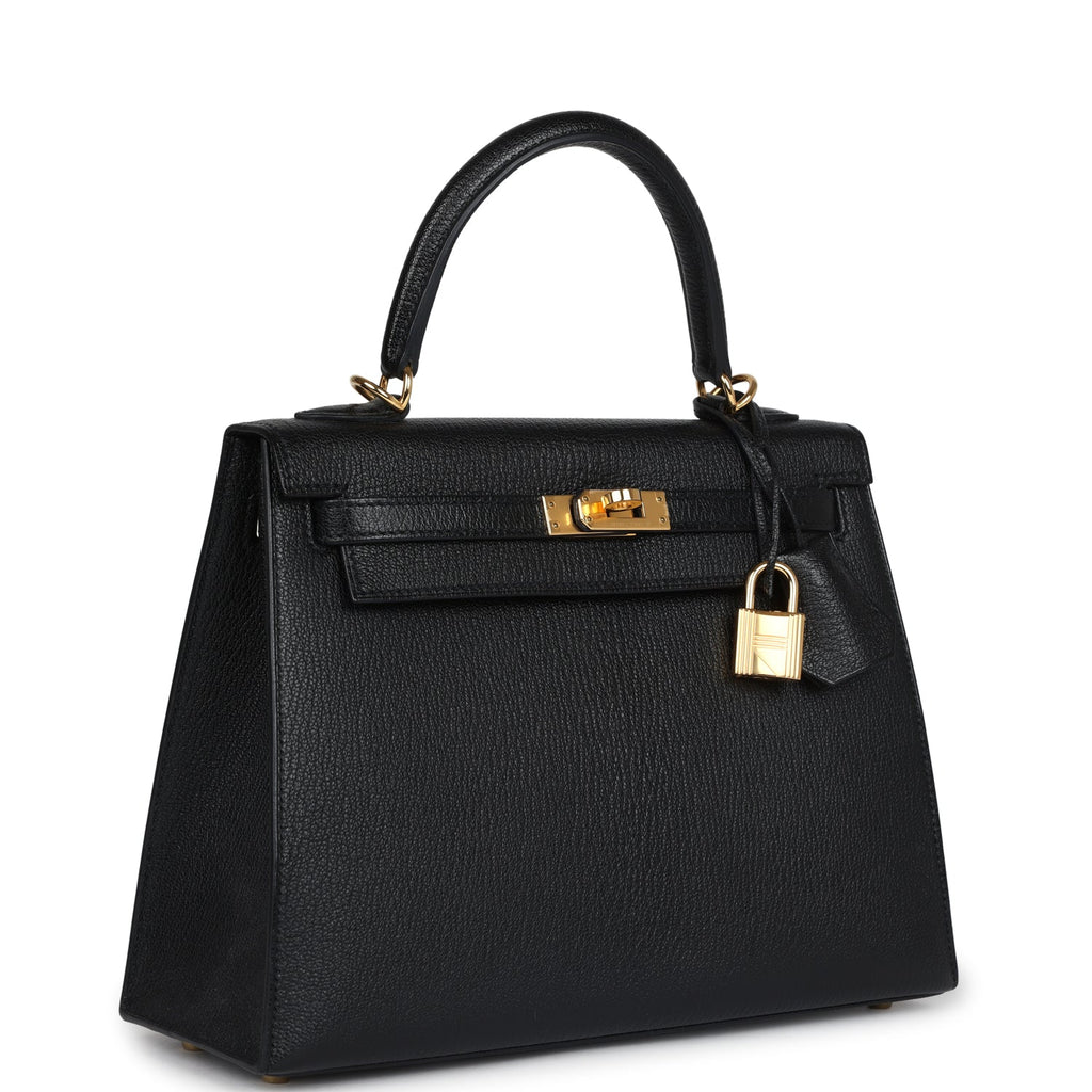 Hermes Kelly Sellier 25 Black Chevre Mysore Gold Hardware - Exclusu