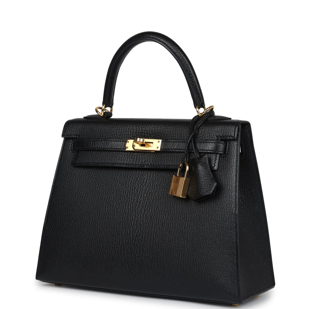 Hermes Kelly Sellier 25 Black Chevre Mysore Gold Hardware - Exclusu