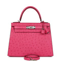 Hermes Kelly Sellier 28 Rose Tyrien Ostrich Palladium Hardware - Exclusu
