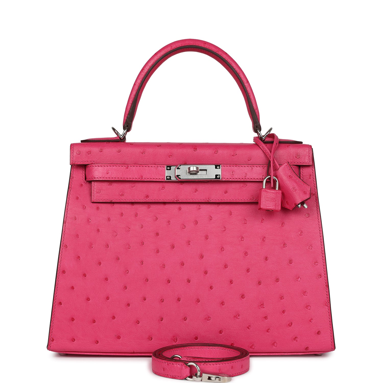 Hermes Kelly Sellier 28 Rose Tyrien Ostrich Palladium Hardware - Exclusu