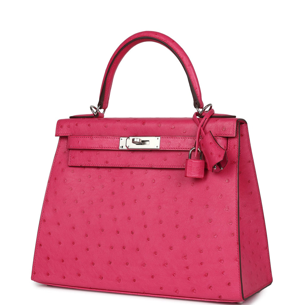 Hermes Kelly Sellier 28 Rose Tyrien Ostrich Palladium Hardware - Exclusu