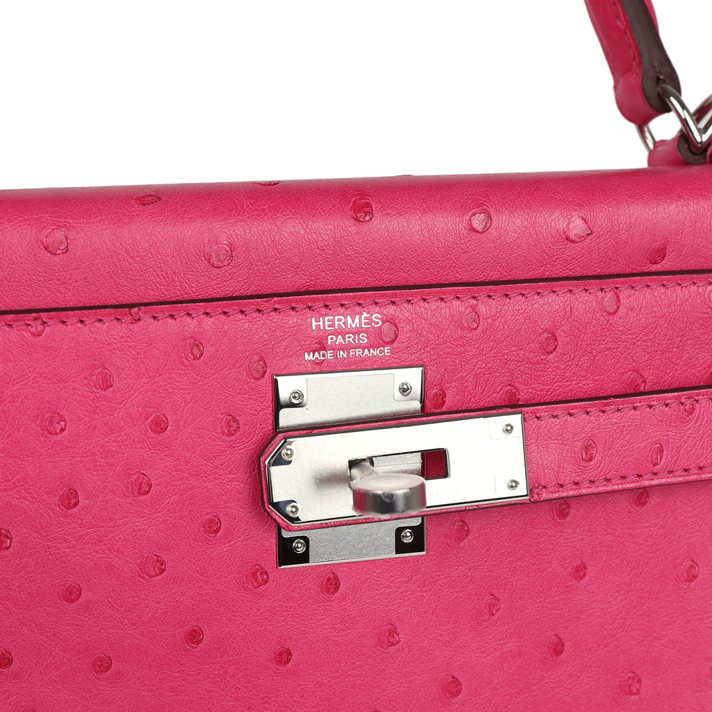Hermes Kelly Sellier 28 Rose Tyrien Ostrich Palladium Hardware - Exclusu