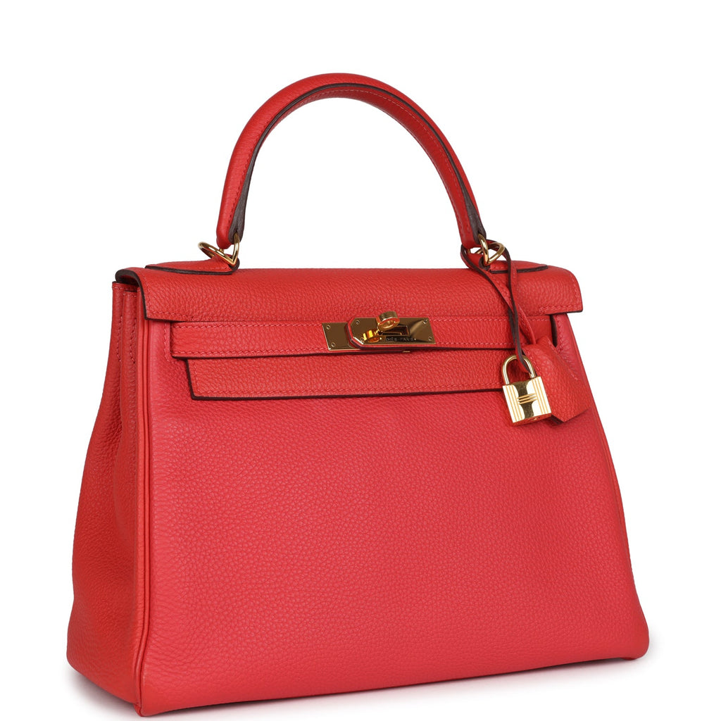 Hermes Kelly Retourne 28 Rouge Pivoine Togo Gold Hardware - Exclusu