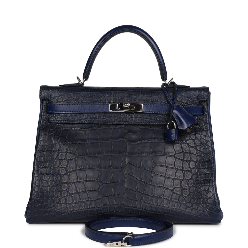 Hermes Kelly Retourne 35 Bleu Indigo Matte Alligator and Bleu Saphir Swift and Clemence Palladium Hardware - Exclusu