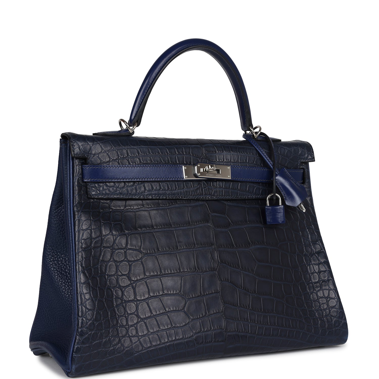 Hermes Kelly Retourne 35 Bleu Indigo Matte Alligator and Bleu Saphir Swift and Clemence Palladium Hardware - Exclusu