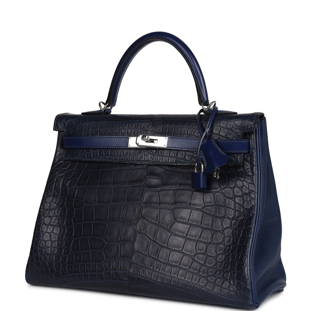 Hermes Kelly Retourne 35 Bleu Indigo Matte Alligator and Bleu Saphir Swift and Clemence Palladium Hardware - Exclusu