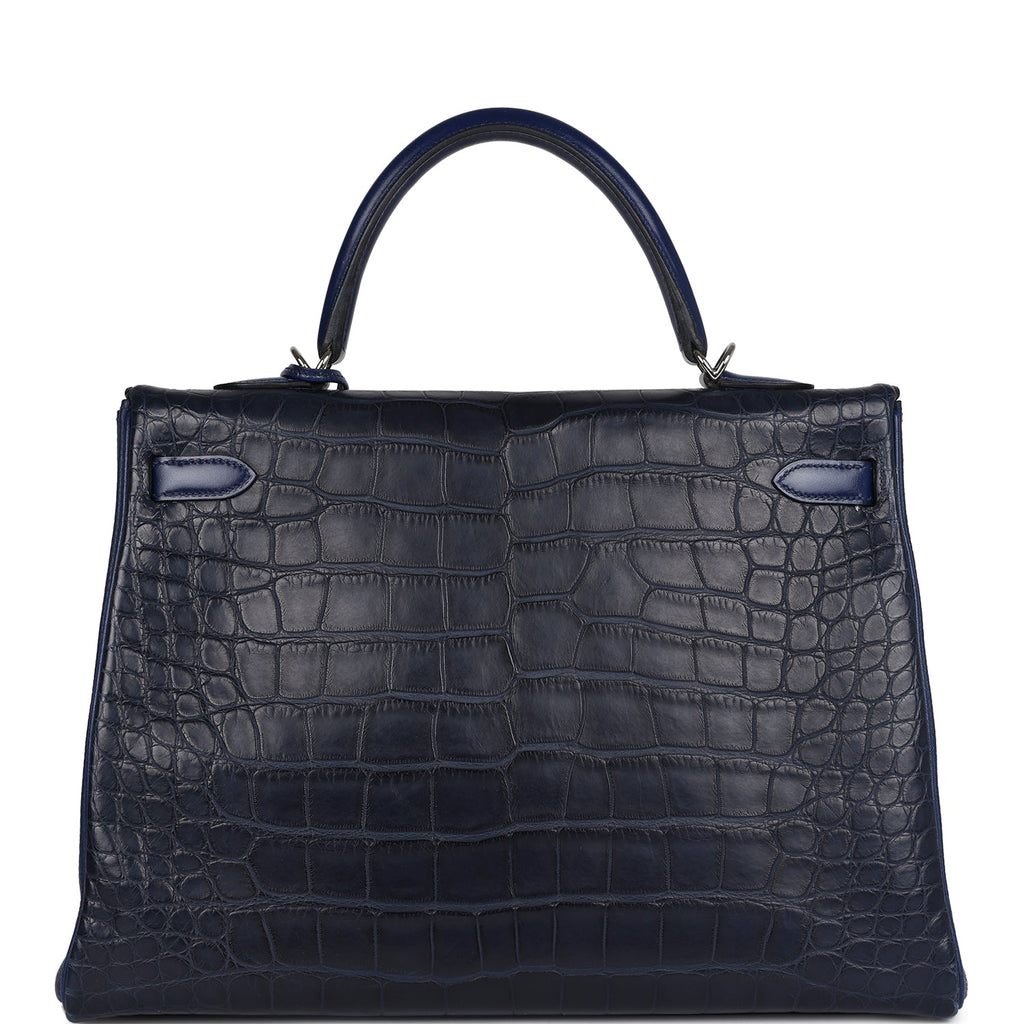 Hermes Kelly Retourne 35 Bleu Indigo Matte Alligator and Bleu Saphir Swift and Clemence Palladium Hardware - Exclusu