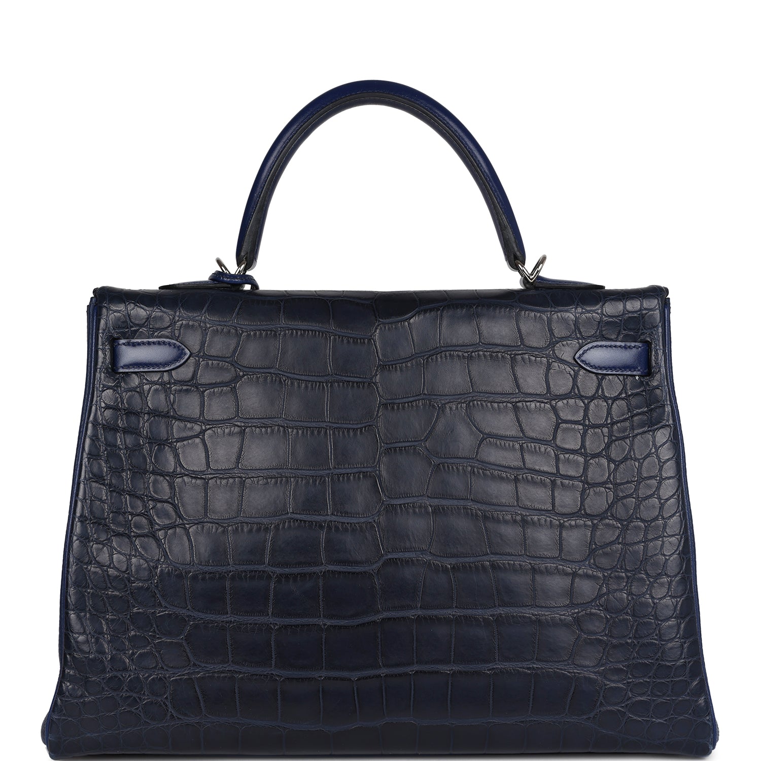 Hermes Kelly Retourne 35 Bleu Indigo Matte Alligator and Bleu Saphir Swift and Clemence Palladium Hardware - Exclusu