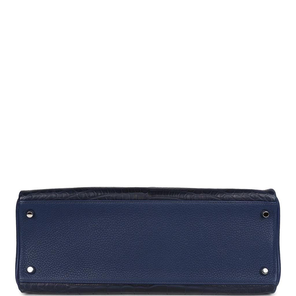 Hermes Kelly Retourne 35 Bleu Indigo Matte Alligator and Bleu Saphir Swift and Clemence Palladium Hardware - Exclusu