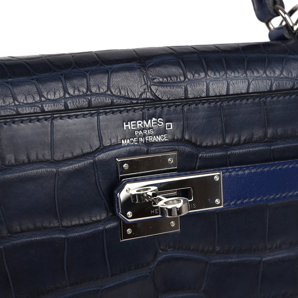 Hermes Kelly Retourne 35 Bleu Indigo Matte Alligator and Bleu Saphir Swift and Clemence Palladium Hardware - Exclusu