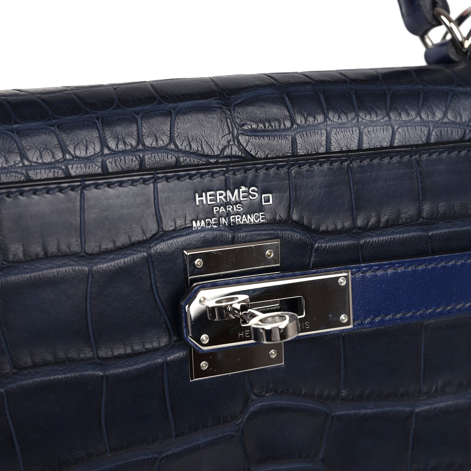 Hermes Kelly Retourne 35 Bleu Indigo Matte Alligator and Bleu Saphir Swift and Clemence Palladium Hardware - Exclusu